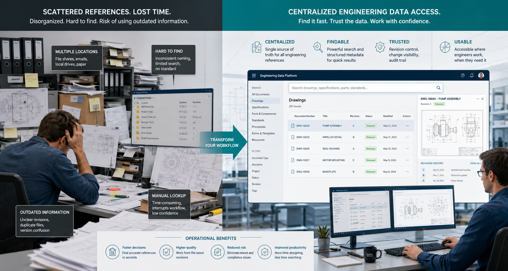 Illustration of scattered engineering references evolving into a centralized engineering data access platform